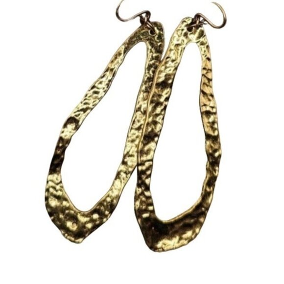 Statement Hammered Gold Tone Asymmetrical Large Hoop Earrings 3" - Picture 2 of 5